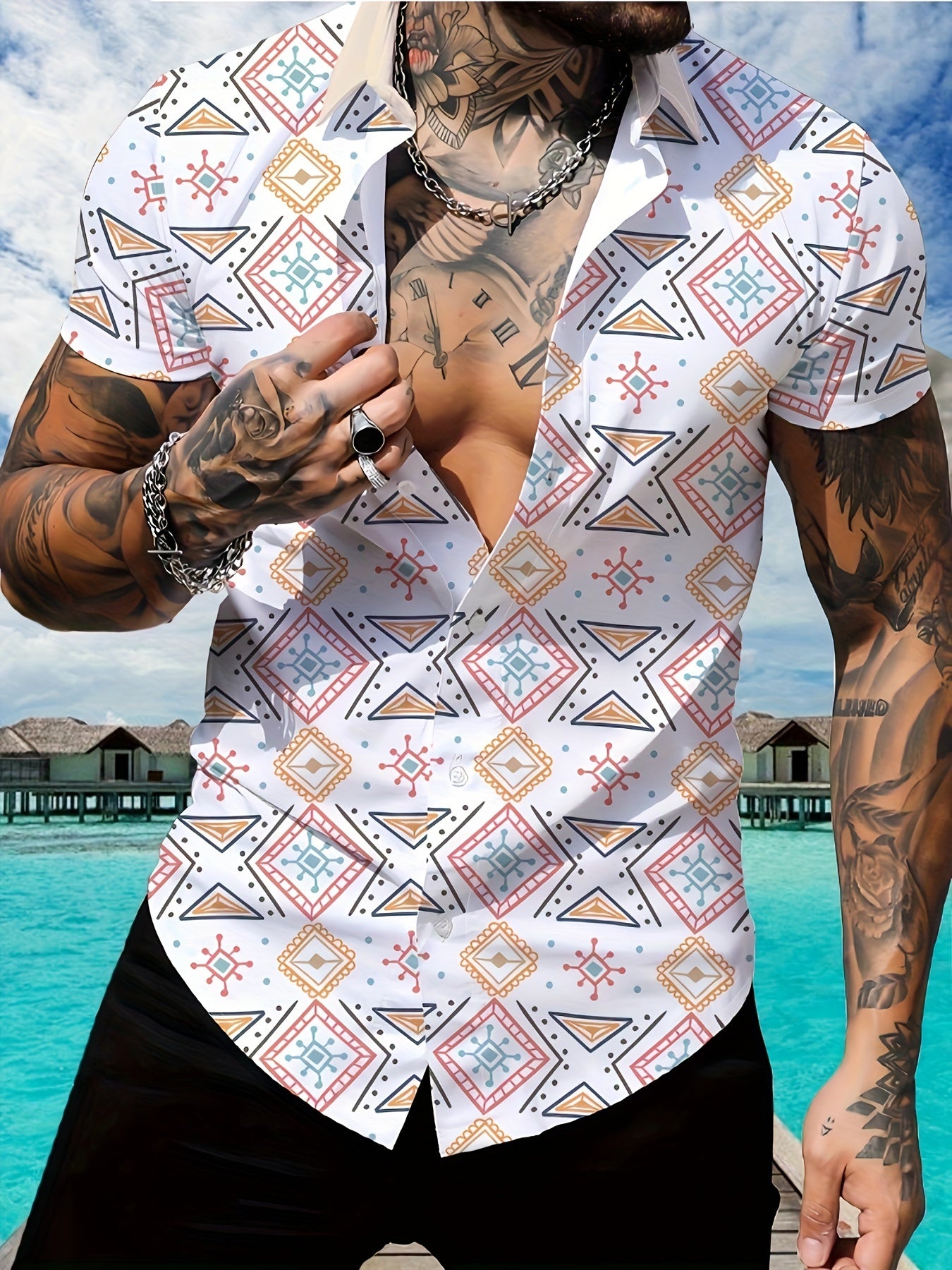 Geometric Print Men's Casual Shirt, Beach Travel Top, Fashionable Short Sleeve Summer Wear, For Beach Outdoor Holiday